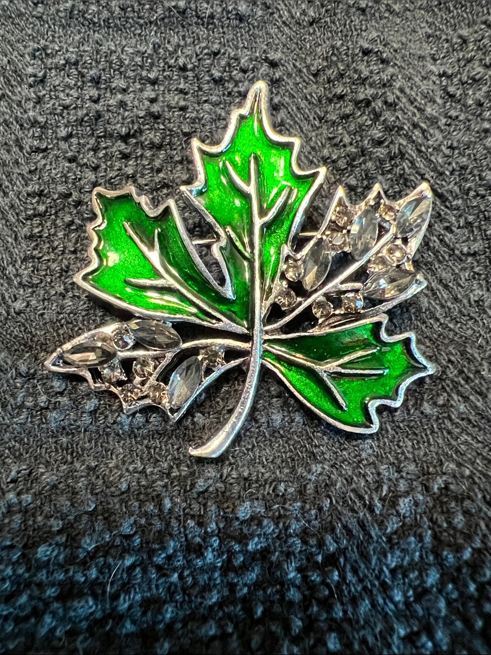 Green Enamel Maple Leaf Brooch with Rhinestones